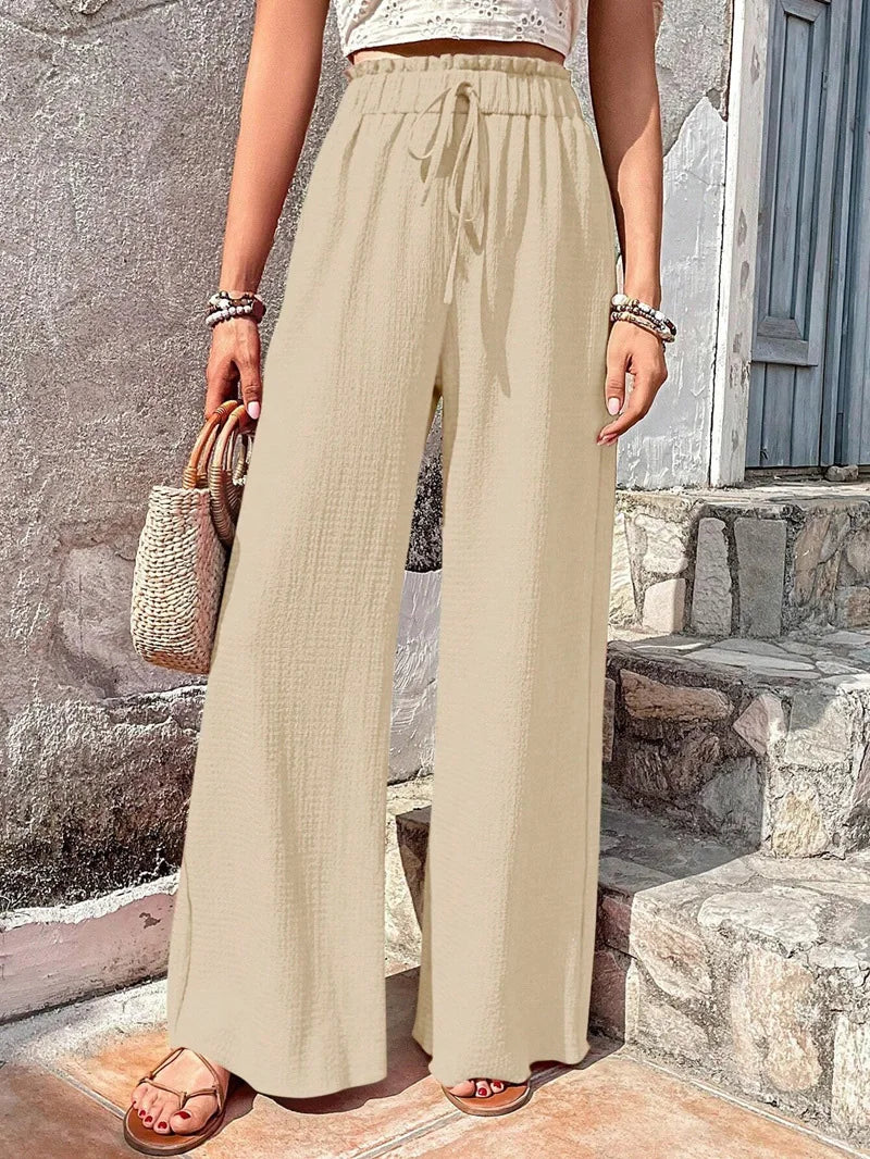 Women's Plain Frill Trim Drawstring Waist Wide Leg Pants, Boho Casual High Waist Trousers for Daily Outdoor Wear, Ladies Bottoms