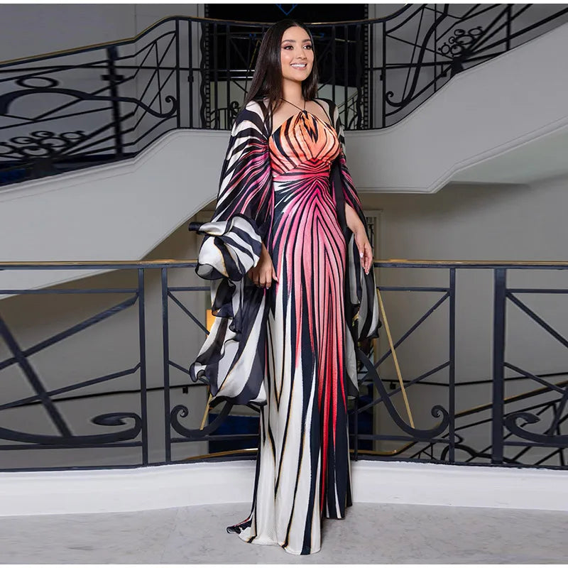 Sexy Printed Women's Dress Wide Sleeve Backless Waist-Closed Hip Package Lady Long Dresses 2026 Summer Autumn Chic Female Robe