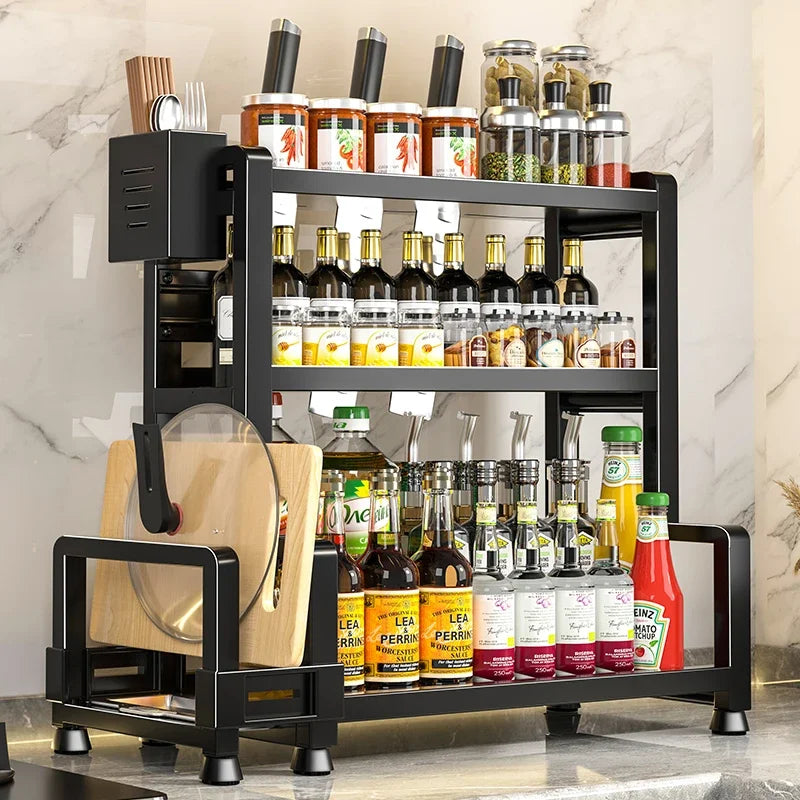 Kitchen Spice Rack Organizer, 3 Tier Adjustable Metal Storage with Knife Holder Hooks Black