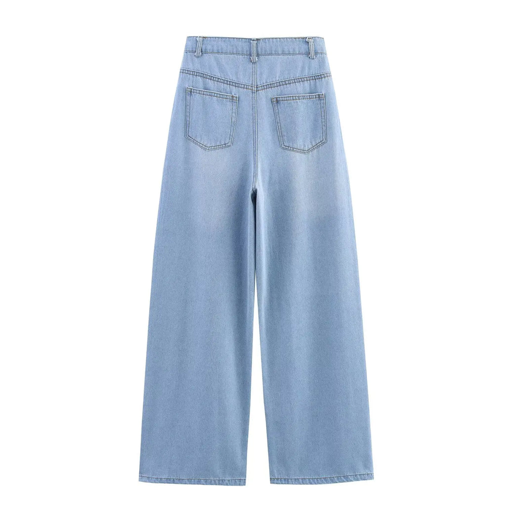 HH Women Summer New Fashion Thin Single-breasted Loose Folds Denim Shirt+High Waist Zipper Pocket Wide-leg Casual Pants Suit