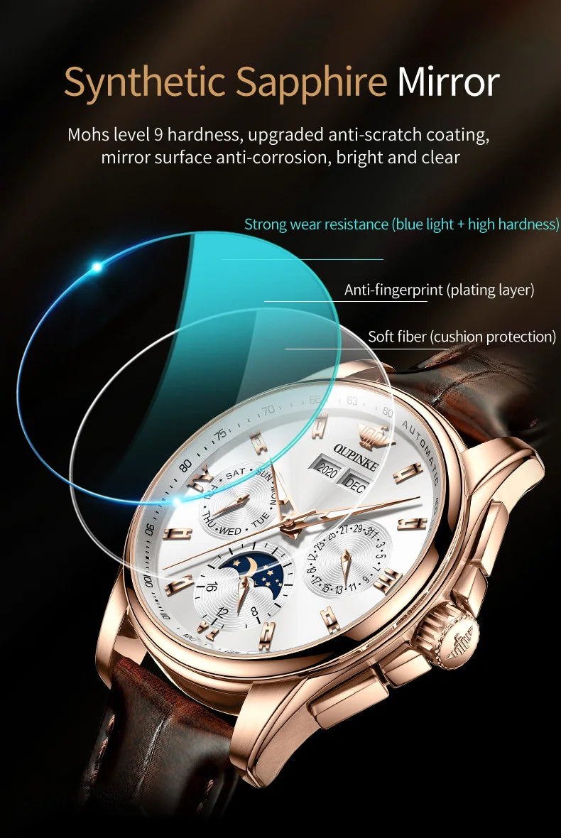 OUPINKE 3189 Automatic Watch for Men Genuine Leather Strap Waterproof Moon Phase Man Watches Luxury Men's Mechanical Wristwatch