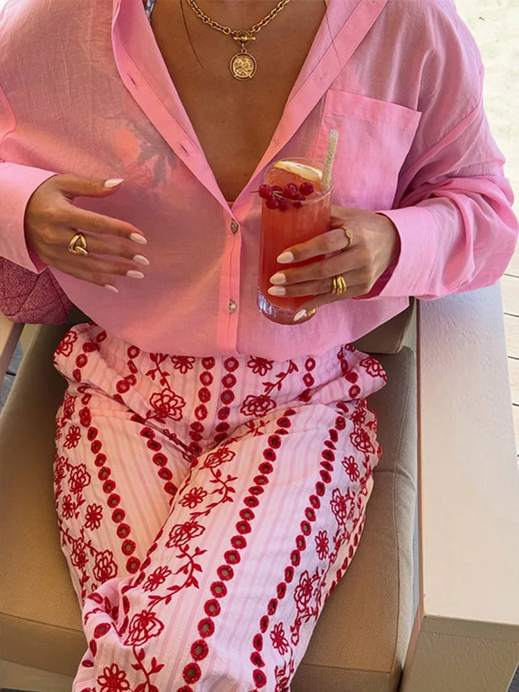 Casual Print Embroidery Pants Women High Waist Straight Hollow Out Trousers Female 2026 Spring Summer New Chic Cotton Streetwear