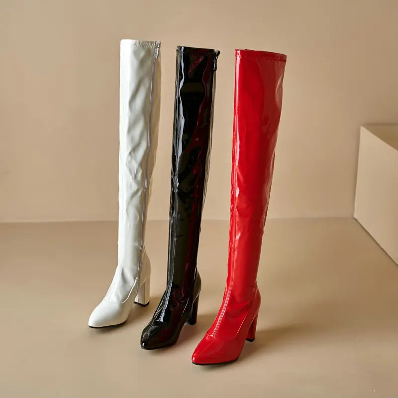 New Red Thigh High Women Boots Side Zip Pointed Toe Winter Shoes Elastic Patent Leather Over-the-Knee Boots Plus Size 44 45 46