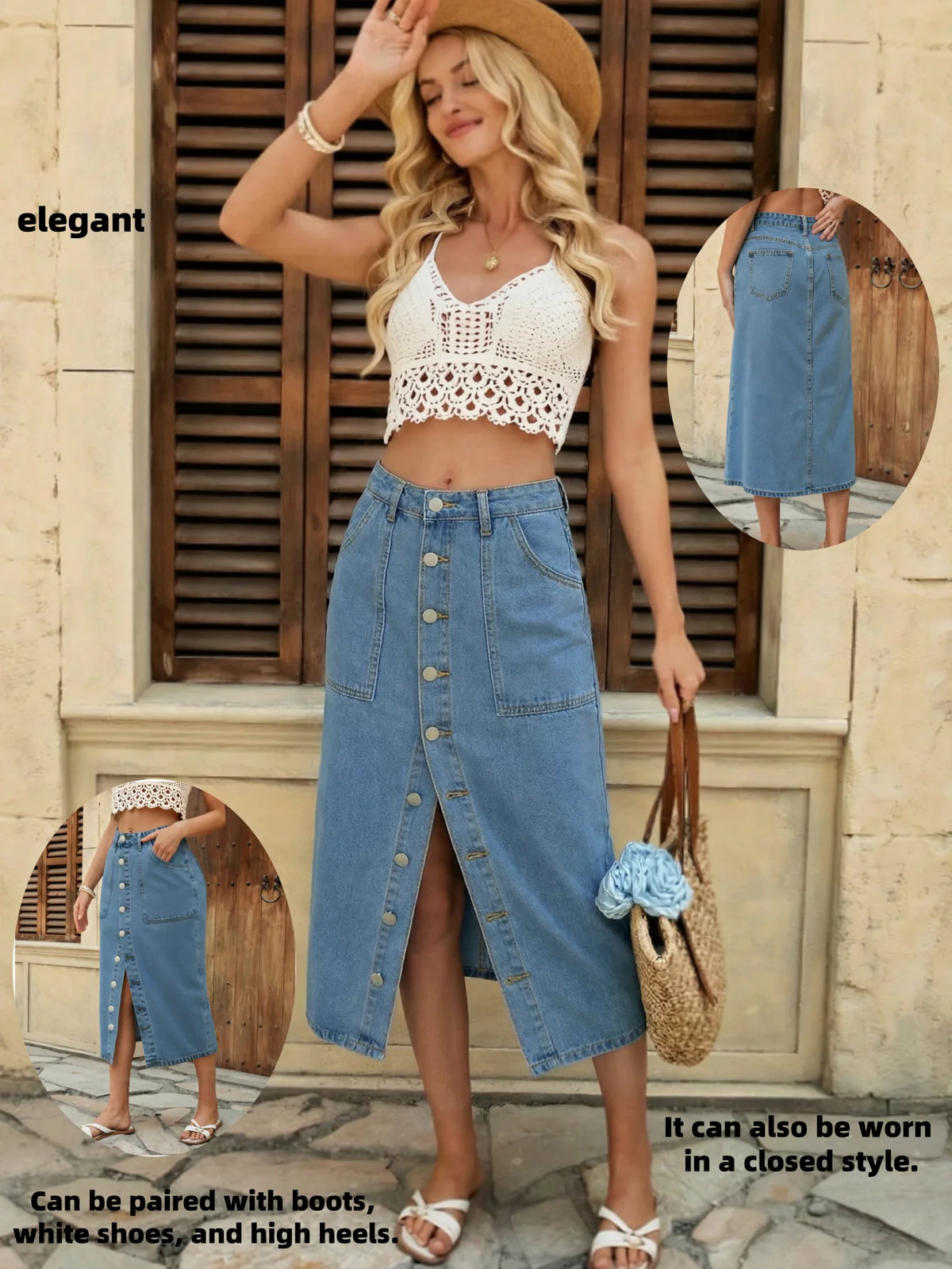 Women's Elegant Front-Button Elasticated Half Skirt Fashionable Style Elastic Waist Midi Skirt for Ladies