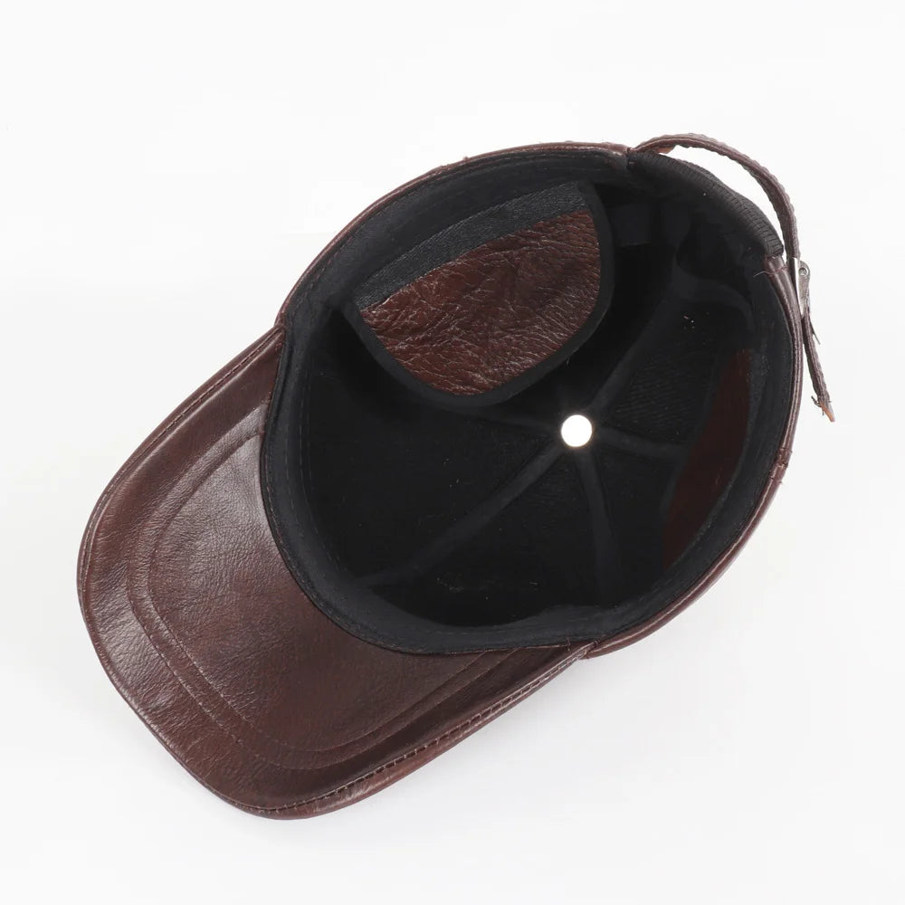 New Men Casual Real Leather Earflap Cap Men Real Cowhide Leather Caps Male Fall Winter Genuine Real Cow Leather Baseball Hats