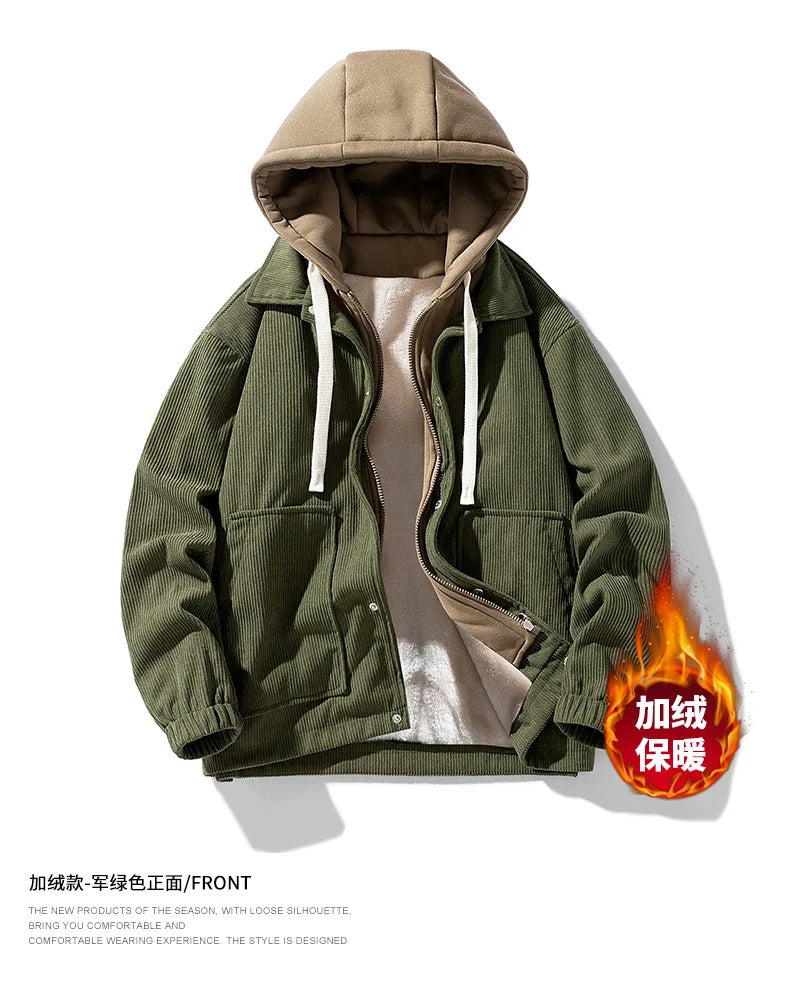 2025 New Corduroy Jacket Men's Harajuku Japanese Windproof Warm Fake Two-piece Hooded Coat Womens Casual Loose Pocket Jacket 4XL