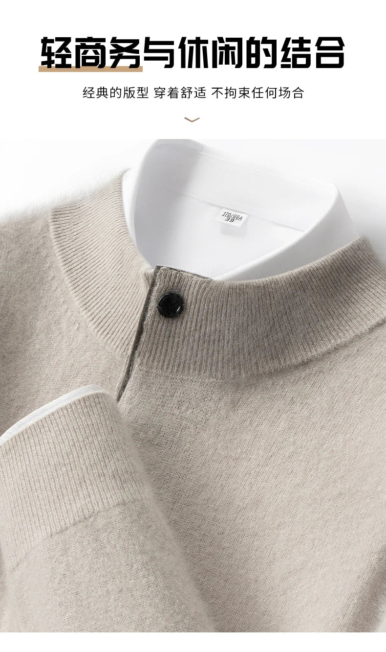 Autumn Winter New Men's Half High Collar Pullover 100% Cashmere Knitted Sweater Casual Business Solid Color Long Sleeve Clothing