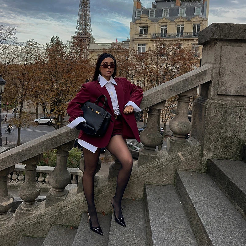 Woman's elegant Wine red suit jacket chic Long sleeved shoulder coat 2026 Fashionable commuting outfits streetwear