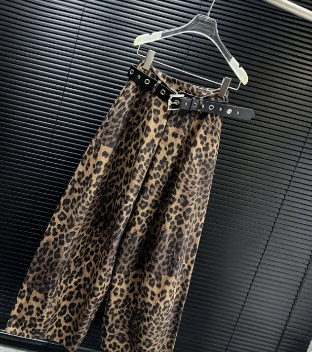 Wide Leg Leopard Print Pants Full Length Ins Style with Streetwear No Stretch Regular Thickness Belt Mid Waist Women Pants