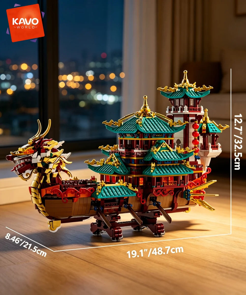 KAVOWORLD 2453pcs Dragon Boat Building Blocks Festival Chinese Ancient Pavilion Ship Display Model with LED Light Traditional DIY Loong Vessel Brick Assembly Puzzle Set Home Ornament Architecture MOC Construction Kit Hallowee