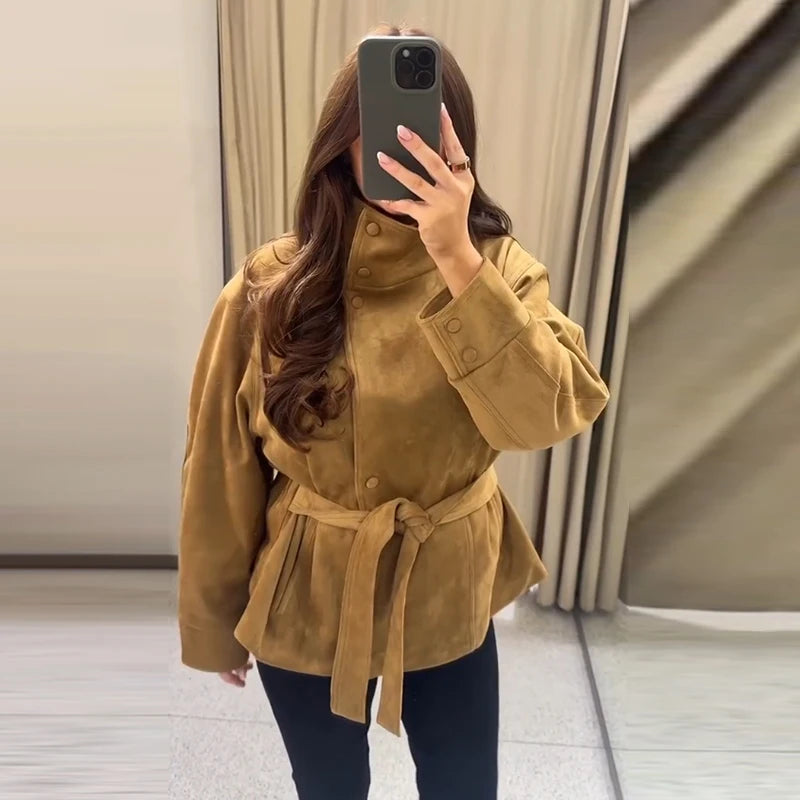 Faux Suede Women Winter Jacket Belted Waist Autumn Coat Stand Collar Short Jacket Cargo Jacket Daily Commute Wear Street Style