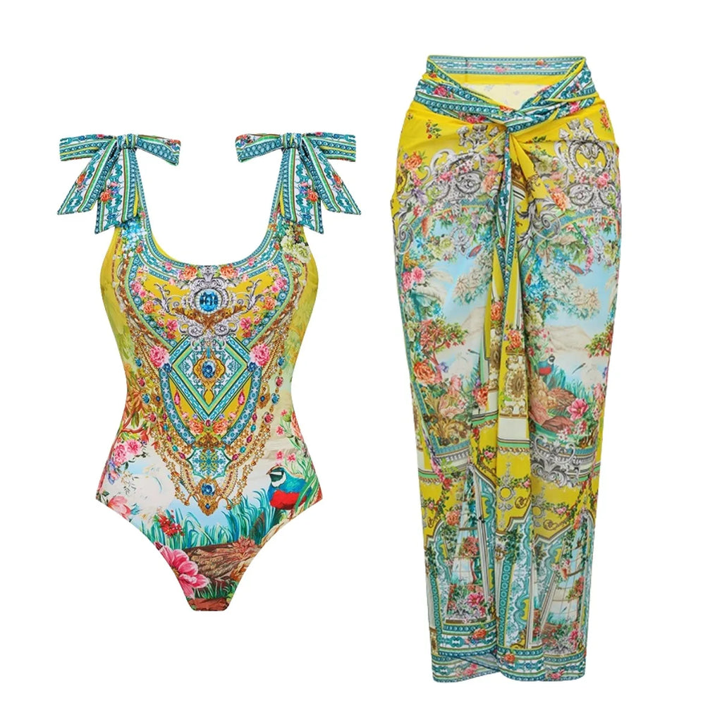 Retro Bikini Printed Fashion Two Piece Swimsuit And Cover Up With Skirt Tight Women's Bandage Summer Beach Luxury Elegant