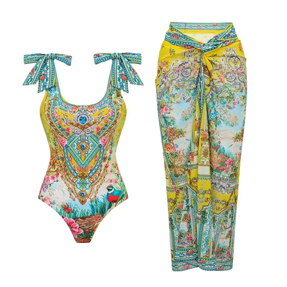 Retro Bikini Printed Fashion Two Piece Swimsuit And Cover Up With Skirt Tight Women's Bandage Summer Beach Luxury Elegant
