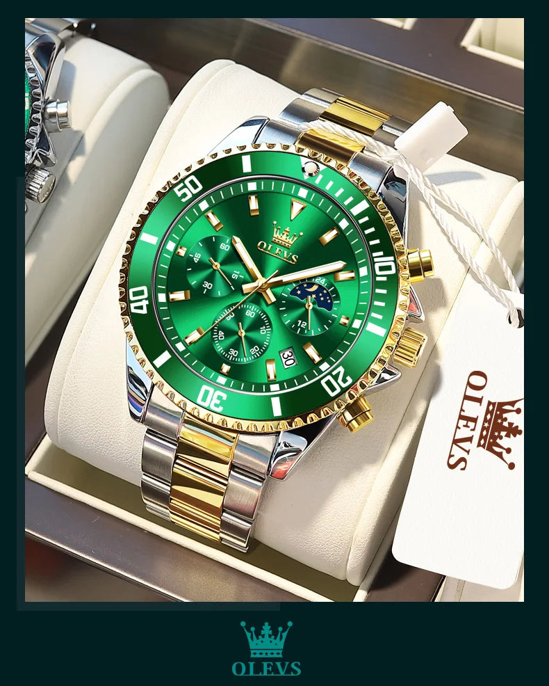 OLEVS 2870 Gold Men Watch Luxury Original Diving Series Men Watch Calendar Moon Phase Chronograph Sport Men Quartz Watch Gift