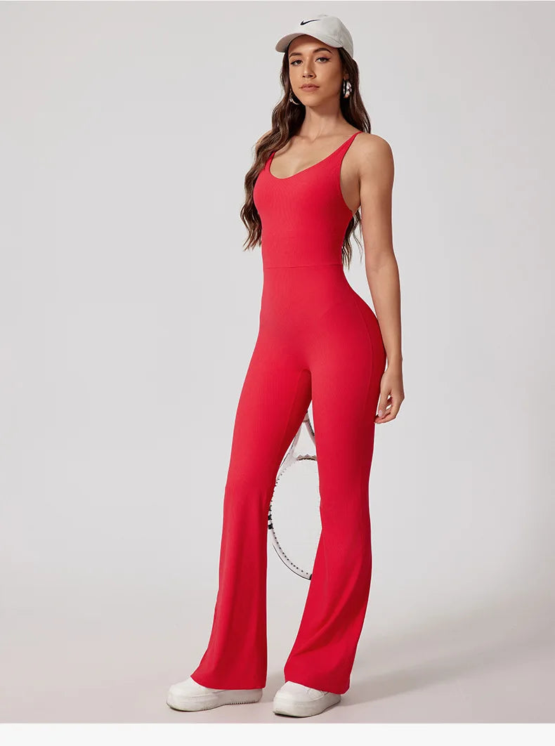 Women Thread Yoga Jumpsuit Sleeveless Gym Tracksuits Flared Overalls Workout Bodysuits Sportswear Female Sports One-Piece Outfit