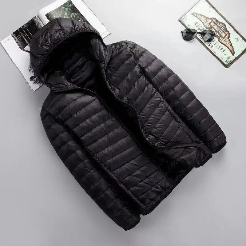 Down Cotton Coat Man 2025 Light Feathered Cotton Jacket Winter Slim Hooded Stand-Up Collar Solid Color Warm Clothing