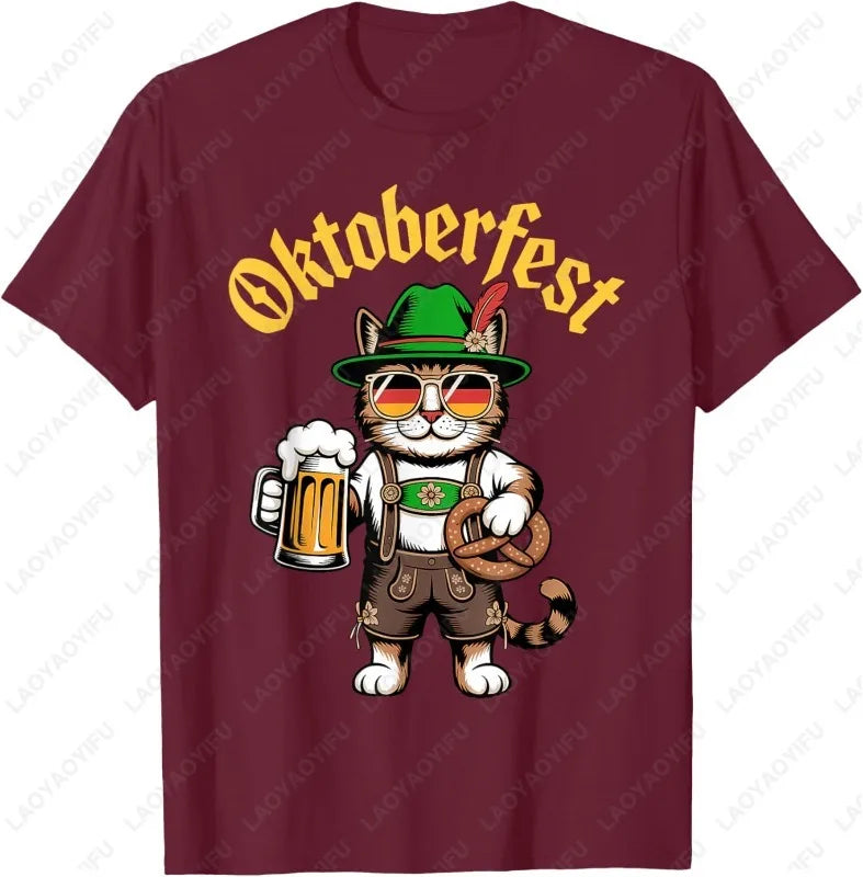 Funny Oktoberfest Cute Cat Pretzel Beer Funny Party Adults T-Shirt Fashion Y2k Streetwear Men Woman High Quality Cotton Tees