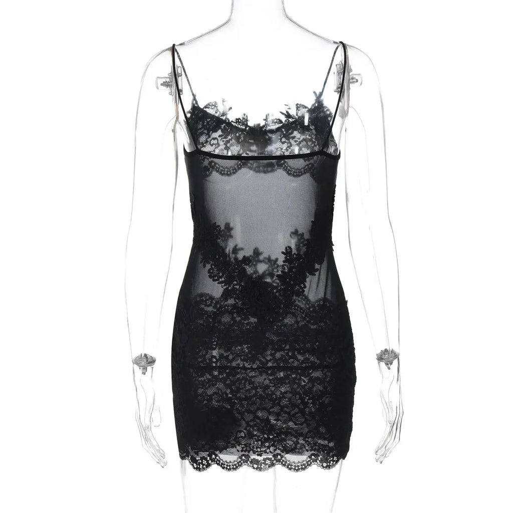 Woman Clothing Spaghetti Strap Mesh Lace Patchwork Party Club Dress Female Sexy See-through Sleeveless Short Evening Dresses