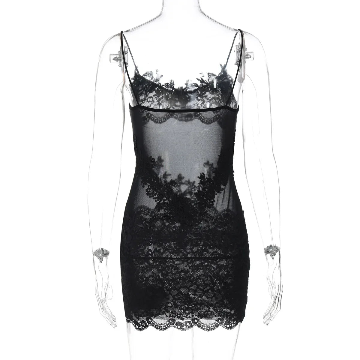Woman Clothing Spaghetti Strap Mesh Lace Patchwork Party Club Dress Female Sexy See-through Sleeveless Short Evening Dresses