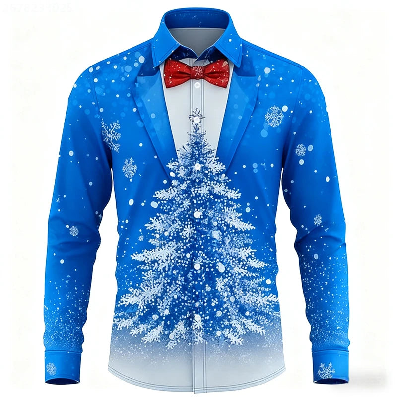 Red Christmas Shirts For Man Snowflake Bow Tie Christmas Shirt Long Sleeve Fashion Holiday Gift Shirt Oversized Mens Clothing