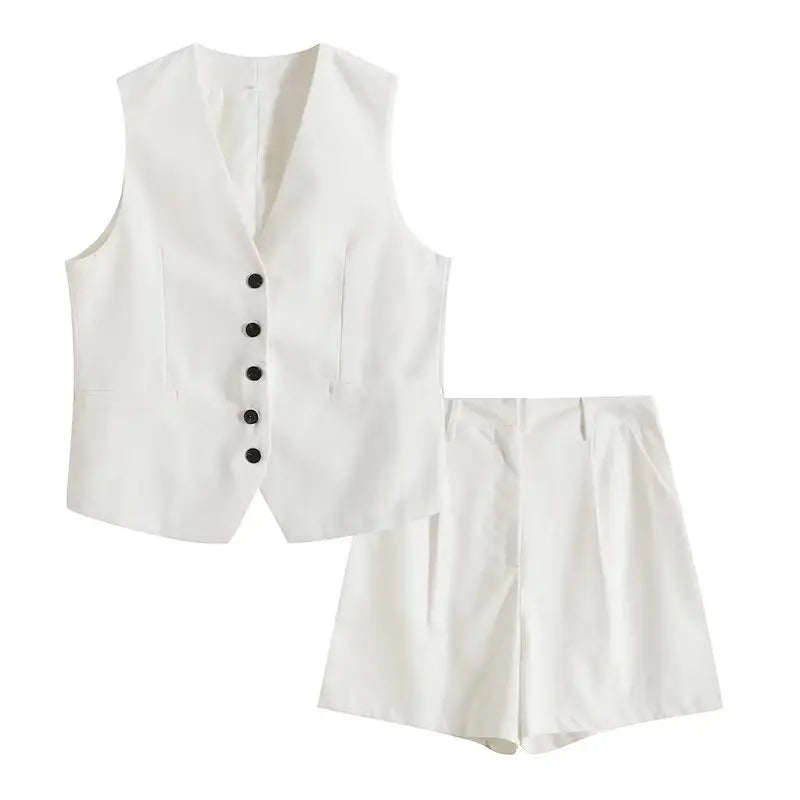 Retro Linen Office Lady Women Suits V Neck Vest Blazer Commuter Wide Leg Shorts Fashion 2024 Summer Vintage 2 Piece work clothes