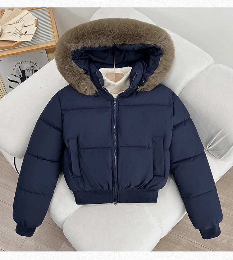 Women's Short Thickened Winter Cotton Jacket Quilted Coat Fur Collar American Retro Style Warm Casual Fashion Regular Fit