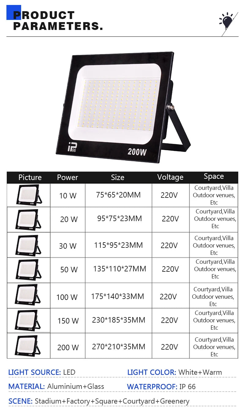 Outdoor IP66 Waterproof Path Light Spotlight LED Floodlight AC220V 10W 20W 30W 50W 100W 200W Outdoor Garden Porch Courtyard Lamp