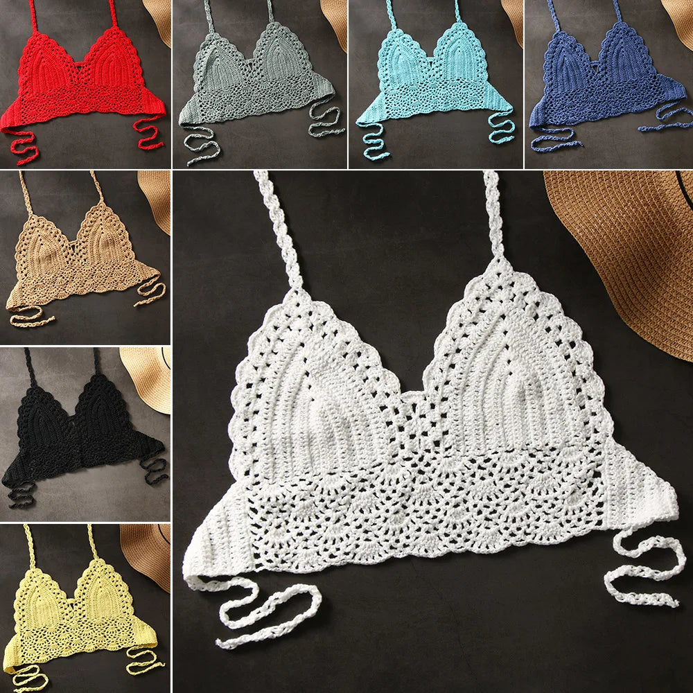Women Summer Sexy Bikini Crochet Crop Top Boho Beach Camisoles Knit Bralette Bra Halter Neck Vest Holiday Beachwear