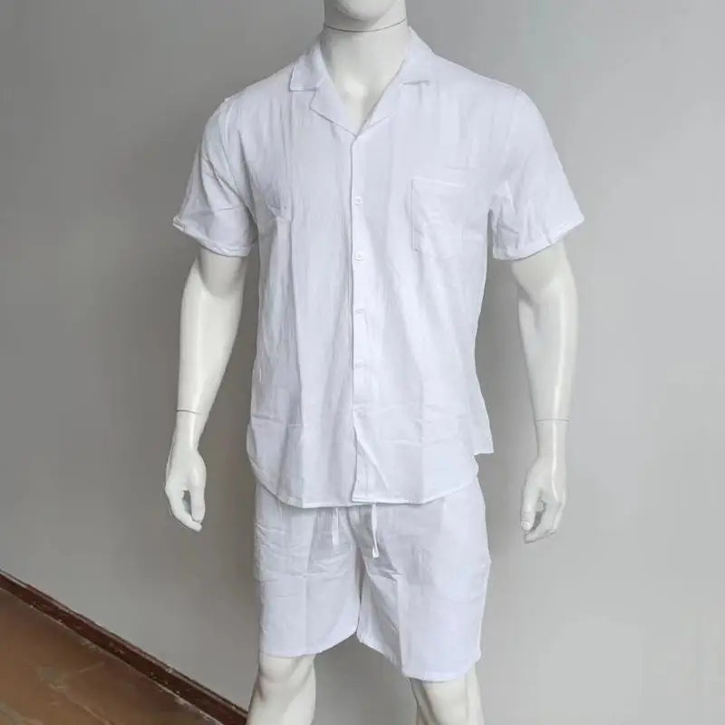2026 Men's Summer Solid Casual Sets Comfy Cotton Linen Short Sleeve Lapel Shirt and Shorts Two Piece Sets Men Loose Sport Outfit