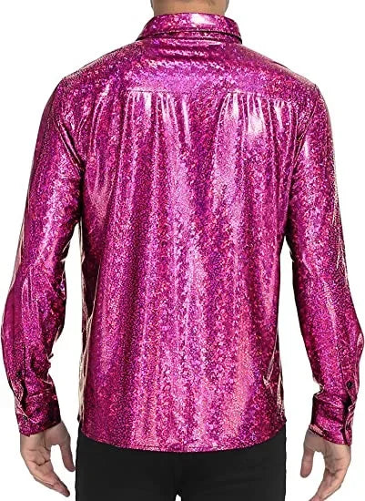 Metallic Shiny Polyester Dress Shirts for Men Black Solid Gold Red Silver Long Sleeve Turn Down Collar Prom Disco Men's Shirt