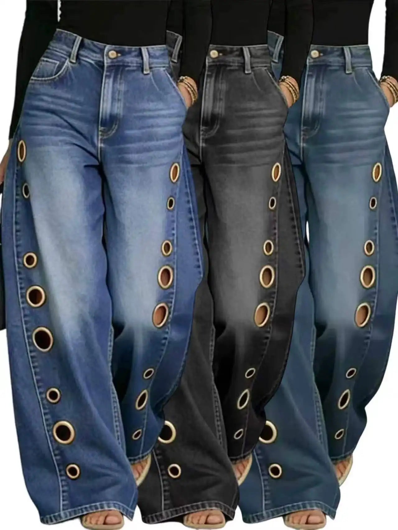 Summer 2026 New American Women Denim Pants Hollow Eyelet Wide Leg Loose Y2K Korean Vintage Streetwear Full Length Jeans