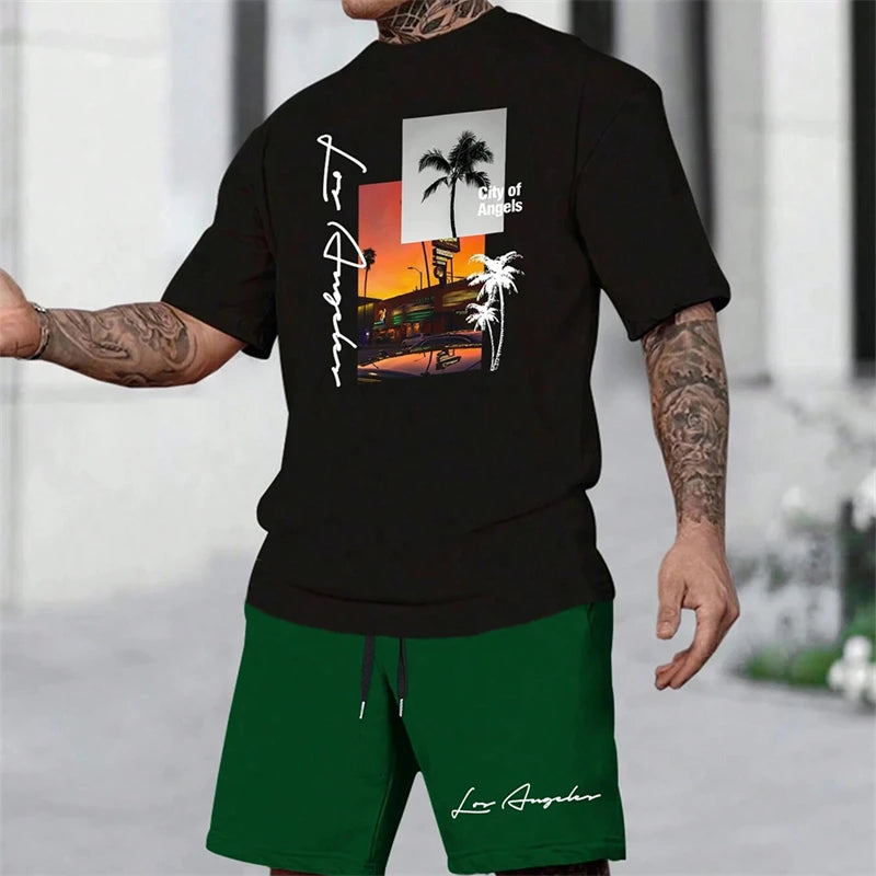 Summer New Men's Short-sleeved Hawaiian Print Two-piece Beach Vacation Breathable Short-sleeved With Drawstring Loose Shorts