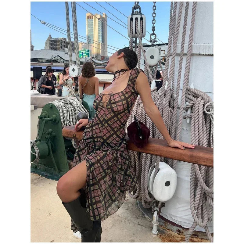 Plaid Off Shoulder Long Dress Women Chic Tie Front Cutout Ruched Asymmetric Hem Sundress 2026 Summer Lady Casual Daily Vestidos