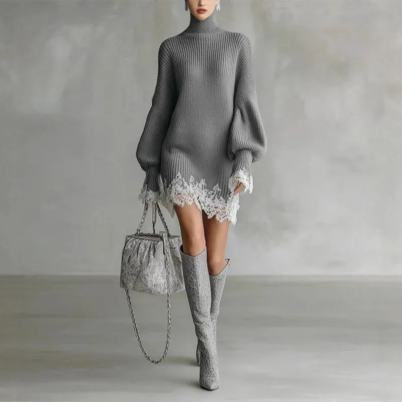 Elegant Women's Dress Stand Collar Full Sleeve Solid Lace Patchwork Knitted Female Dresses 2025 Winter Fashion Cozy Lady Robes