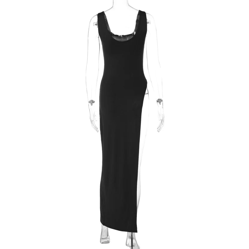 Sexy Sleeveless Side High Split Midi Dress Backless Women's Summer Party Club Streetwear Y2K Style Solid Color