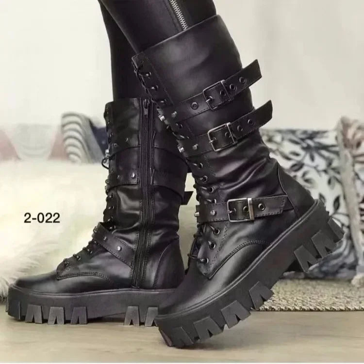 Woman Boots Winter New Pu Leather Platform Fashion Lace Up Punk Gothic Booties Casual Work Shoes Botines Mujer