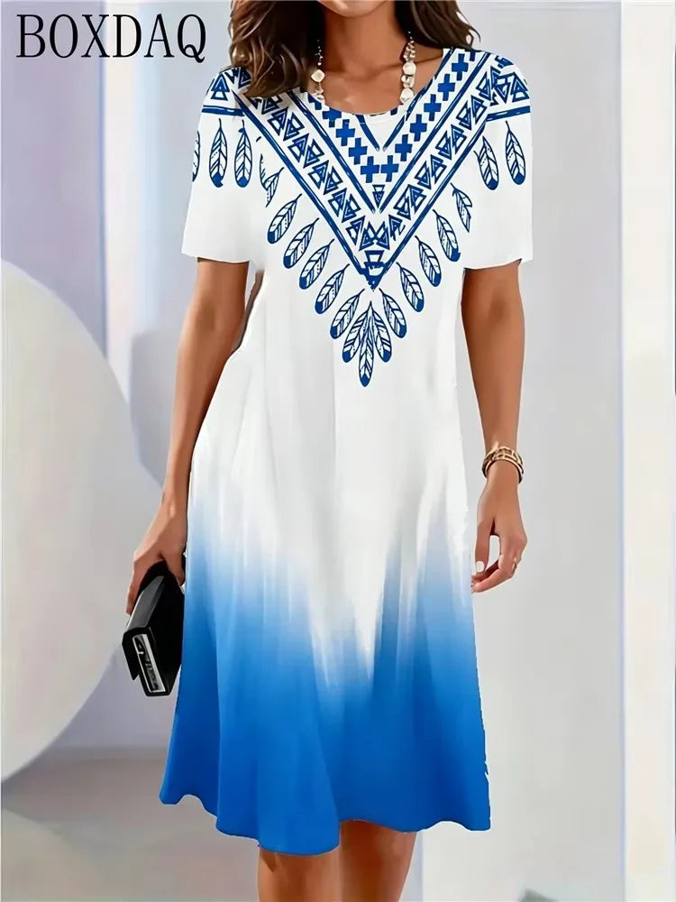 Retro Elegant Women's Summer Short-Sleeved O-Neck Casual Loose A-Line Dress 3D Digital Gradient Print New Dress