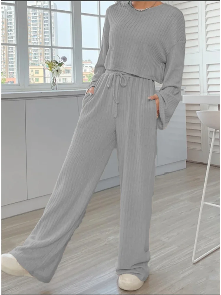 Casual Grey Long Sleeve Round Neck Suit Women's Solid Color Loose Top Trousers Autumn Sports Fashion 2 Piece Sets Women Outfit