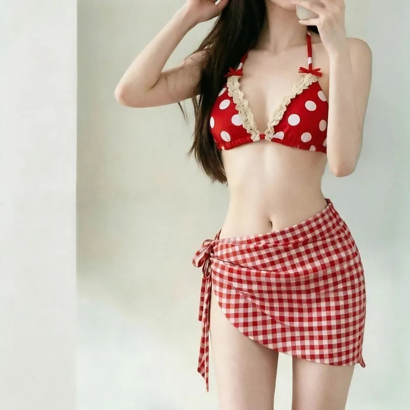 Women Summer Sexy Polka Dot Lace Ruffle Bow Halter Tie Bikini Tummy Control Slim Split Swimsuit Beach Vacation Pool Bathing Suit