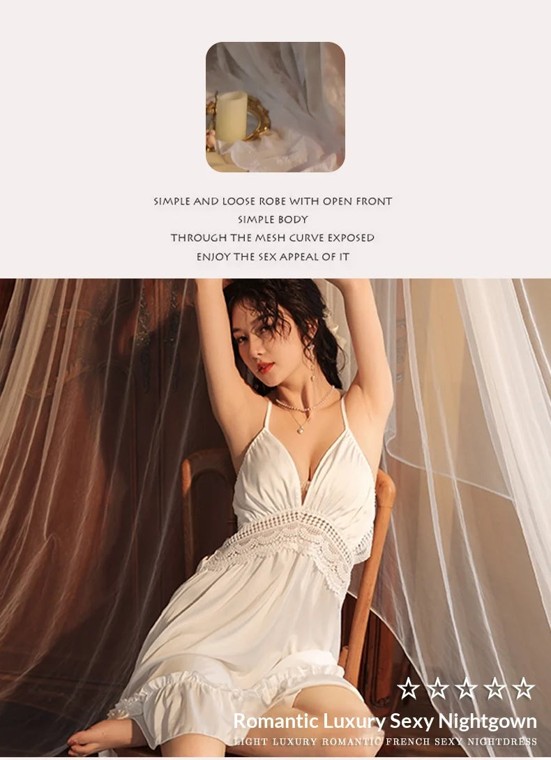 Women Satin Sleepwear Deep V Neck Lace Trim Ruffle Hem Chemise Nightgown