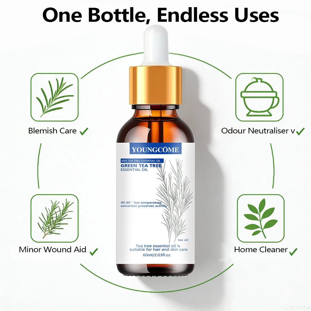 YOUNGCOME Pure Tea Tree Essential Oil - Green Tea Infused Natural Hair & Skin Care Solution for Daily Hydrating & Refreshing Car