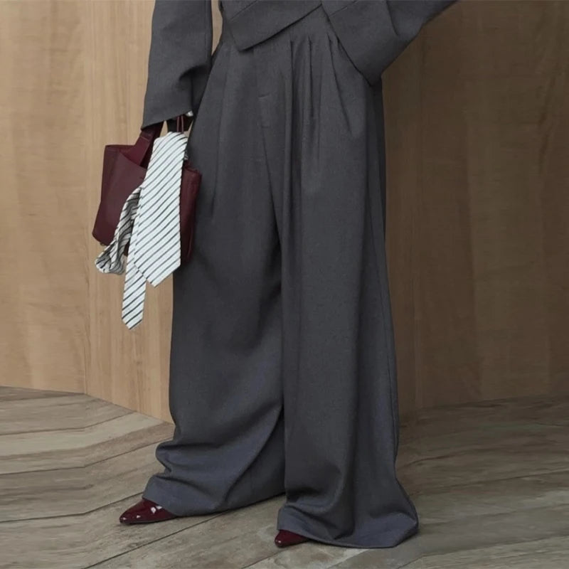 Solid Women Officewear Lapel Pockets Long Sleeve One Button Cinched Waist And Wide Leg Pant Fashion Lady Streetwear Commute 2026