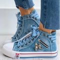 Denim Canvas Sneakers Women Slip On Light Blue Retro Skull Platform High Top Sneakers Ladies 2025 Spring Vulcanized Shoes Woman