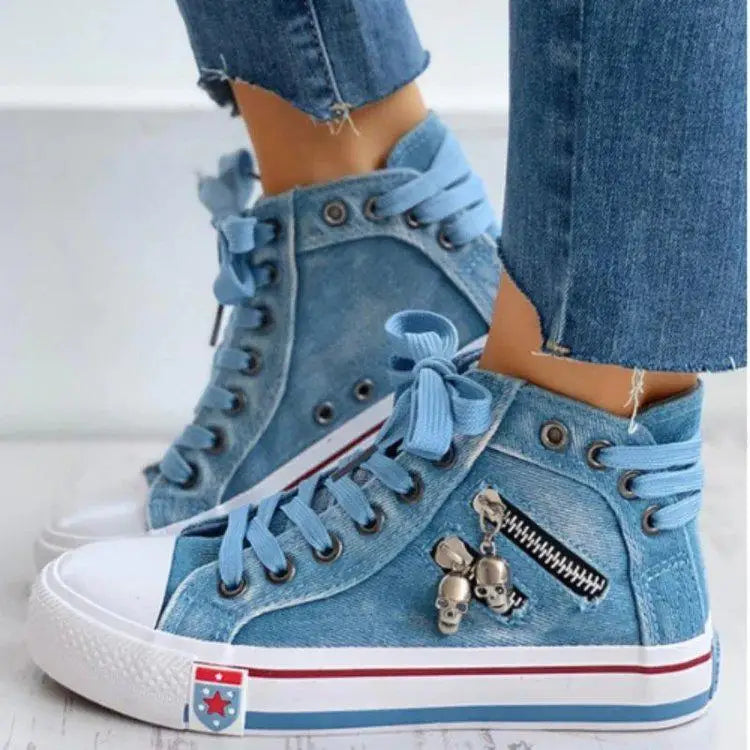 Denim Canvas Sneakers Women Slip On Light Blue Retro Skull Platform High Top Sneakers Ladies 2025 Spring Vulcanized Shoes Woman