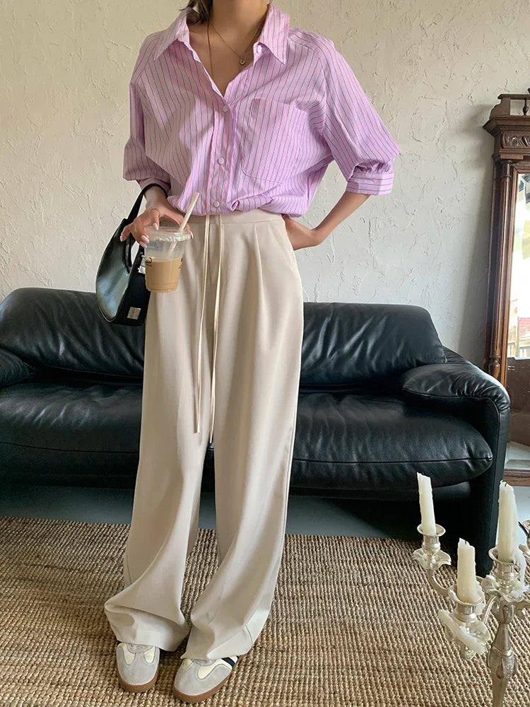 Elastic Waist Drawstring Loose Slim Casual Versatile Trousers 2026 Autumn New High Waist Women Wide Leg Suit Pants