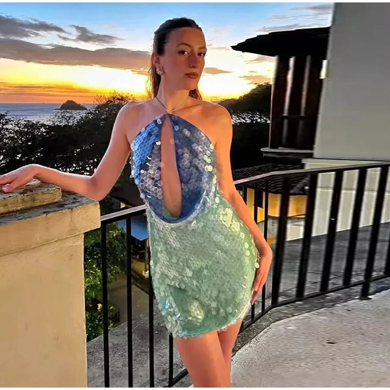 Sequins Halter Hollow Out Dress Women's Sexy Backless Sleeveless Contrast Color Mini Dresses 2026 Summer New Lady Beach Robes