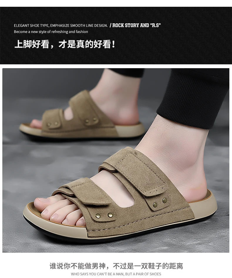 2026 Mens Sandals Slip On Leather Casual Couple Shoes For Men Soft Comfortable Mens Summer Shoes Handmade Men Outdoor Slippers
