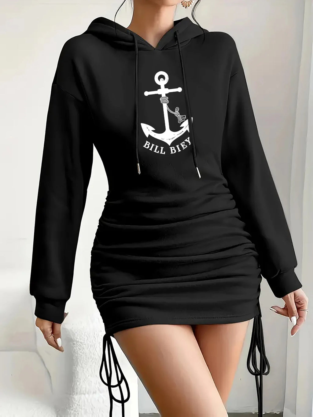 Women's Casual Elegant Hooded Dress Autumn Winter Long Sleeved Waist Cinching Mini Skirt Length Drawstring Pattern Print