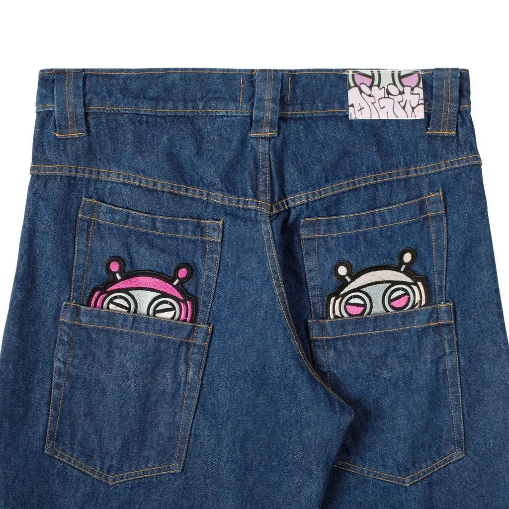 Women Dark Wash Denim Jeans Union Patch Back Pocket Vintage Loose Straight Pants Y2K Streetwear Trousers Daily Casual Outfits