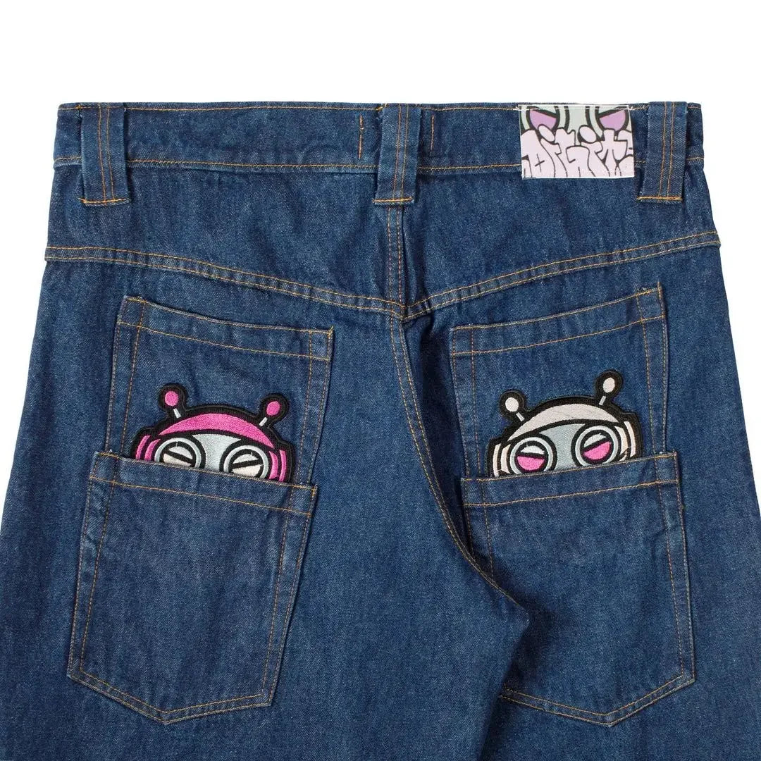 Women Dark Wash Denim Jeans Union Patch Back Pocket Vintage Loose Straight Pants Y2K Streetwear Trousers Daily Casual Outfits